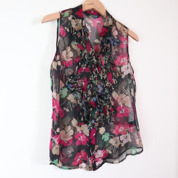 Ralph Lauren Size 10 Ruffled Sleeveless Blouse Sheer Floral Black Pink - Picture 3 of 10